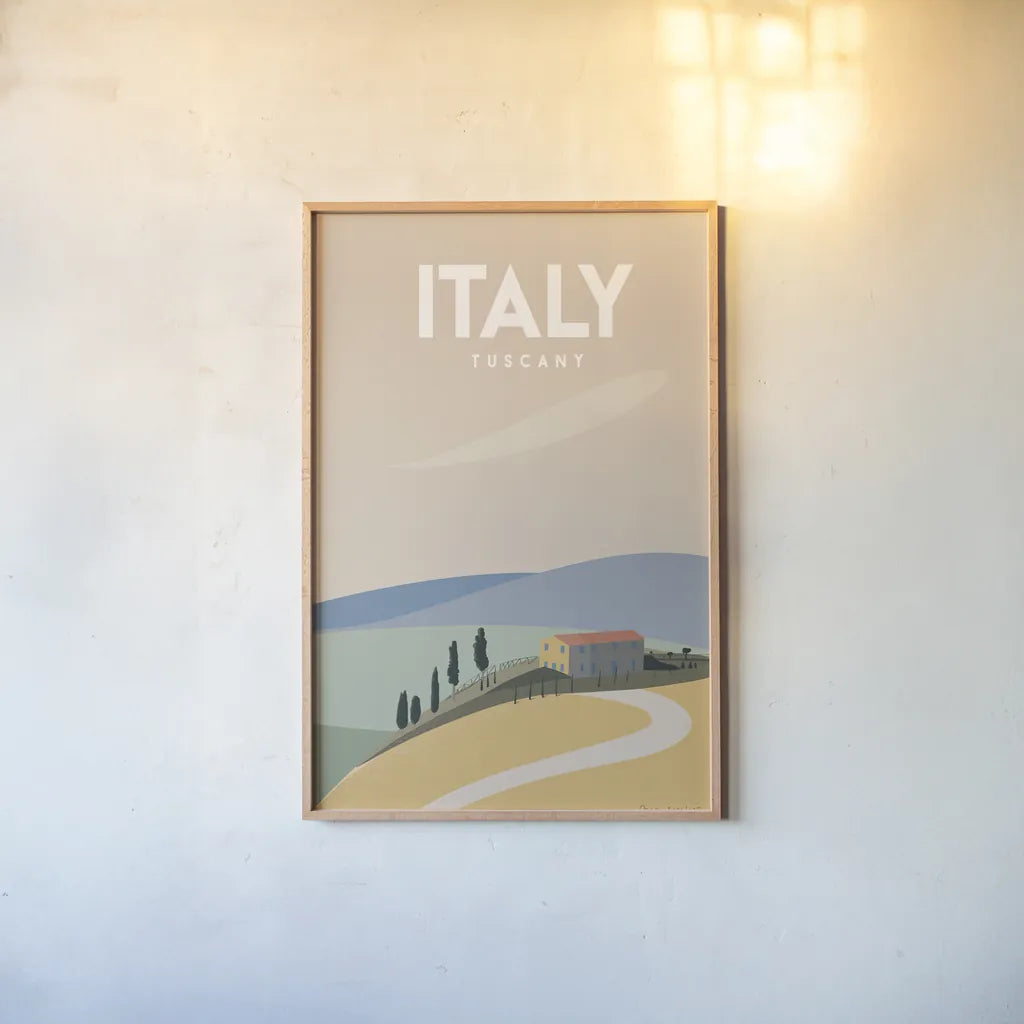 Italy by Omar Escalante. shown as a paper print in a natural frame. Available as a archival giclee rolled canvas, fine art paper, or poster print. SKU 74454h.