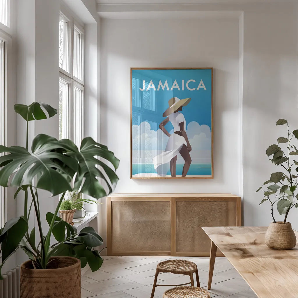 Jamaica by Omar Escalante. shown as a print in a natural wood frame in a dining room. Available as a archival giclee rolled canvas, fine art paper, or poster print. SKU 62766h.