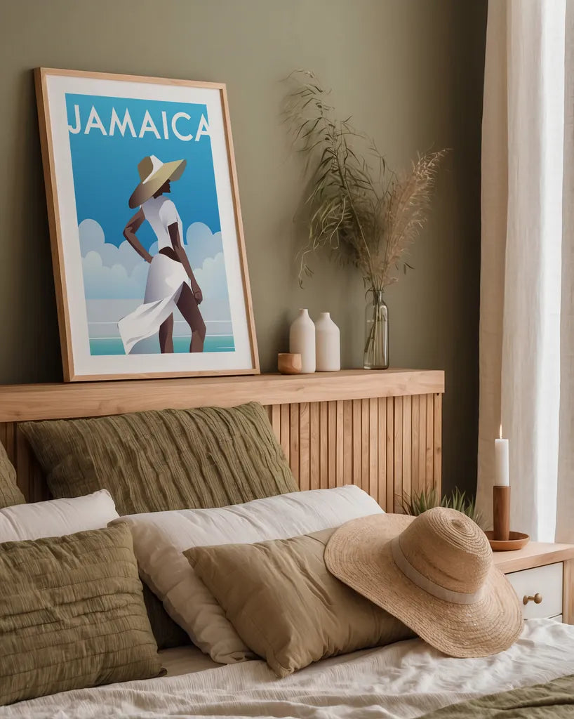 Jamaica by Omar Escalante. shown as a paper print in a natural frame. Available as a archival giclee rolled canvas, fine art paper, or poster print. SKU 62766h.