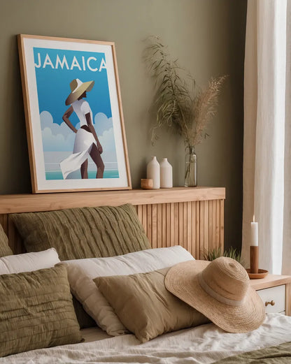 Jamaica by Omar Escalante. shown as a paper print in a natural frame. Available as a archival giclee rolled canvas, fine art paper, or poster print. SKU 62766h.