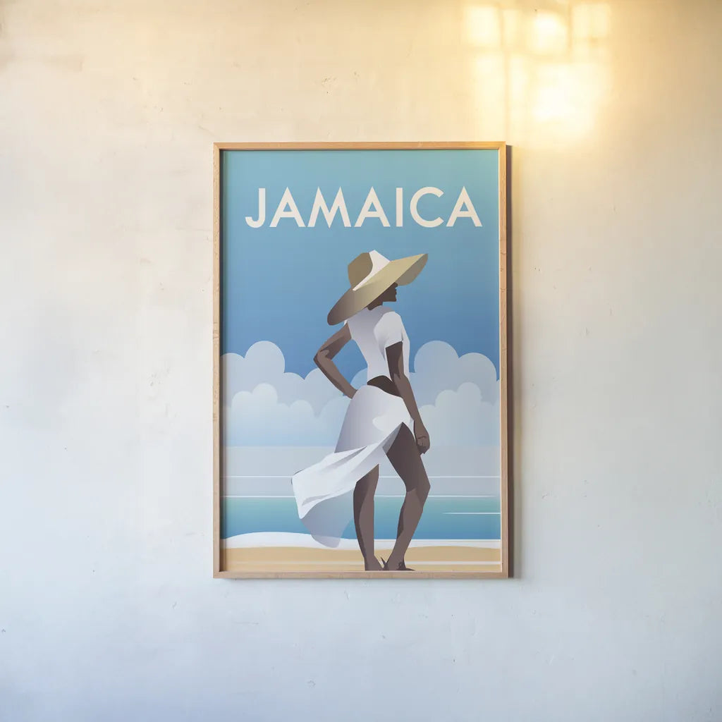 Jamaica by Omar Escalante. shown as a paper print in a natural frame. Available as a archival giclee rolled canvas, fine art paper, or poster print. SKU 62766h.