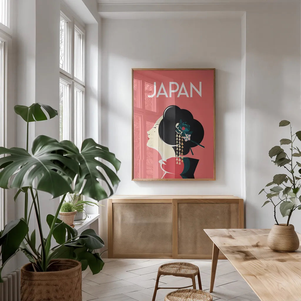 Japan by Omar Escalante. shown as a print in a natural wood frame in a dining room. Available as a archival giclee rolled canvas, fine art paper, or poster print. SKU 62767h.
