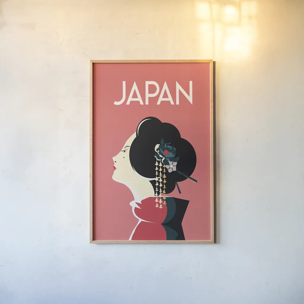 Japan by Omar Escalante. shown as a paper print in a natural frame. Available as a archival giclee rolled canvas, fine art paper, or poster print. SKU 62767h.