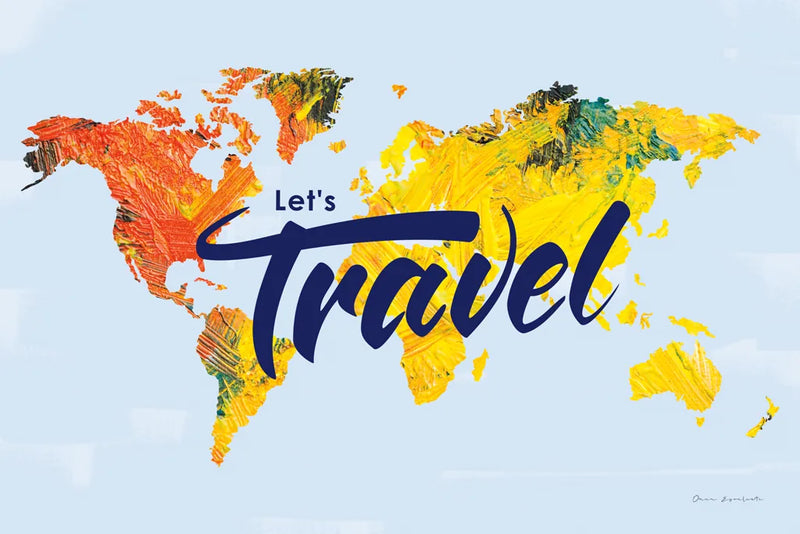 Lets Travel World Map by Omar Escalante. SKU 70406i. Archival Giclee Fine art print for wall decor.
