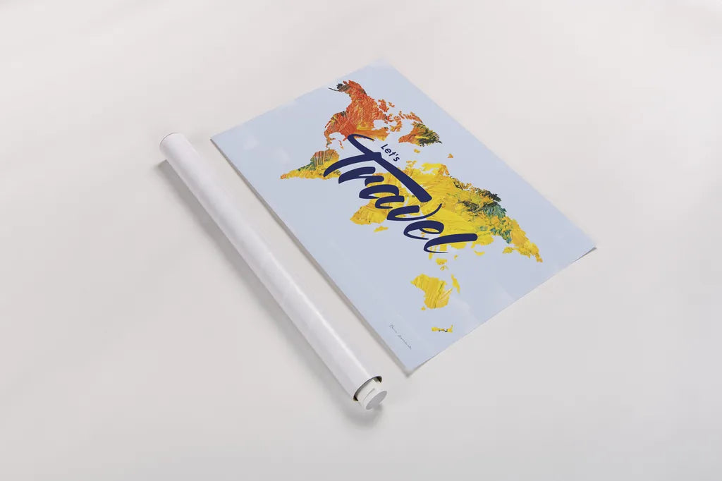 Lets Travel World Map by Omar Escalante. shown as a rolled paper print. Available as archival giclee rolled canvas, fine art paper, or poster print. SKU 70406i.