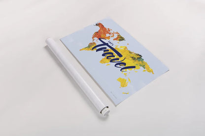 Lets Travel World Map by Omar Escalante. shown as a rolled paper print. Available as archival giclee rolled canvas, fine art paper, or poster print. SKU 70406i.