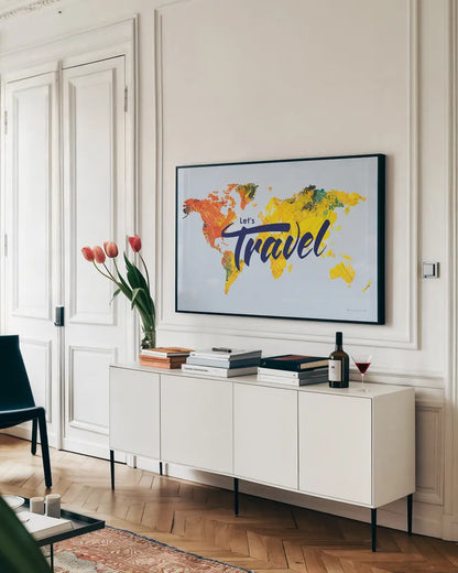 Lets Travel World Map by Omar Escalante. shown as a framed stretched canvas in a living room above a console. Available as a archival giclee rolled canvas, fine art paper, or poster print. SKU 70406i.