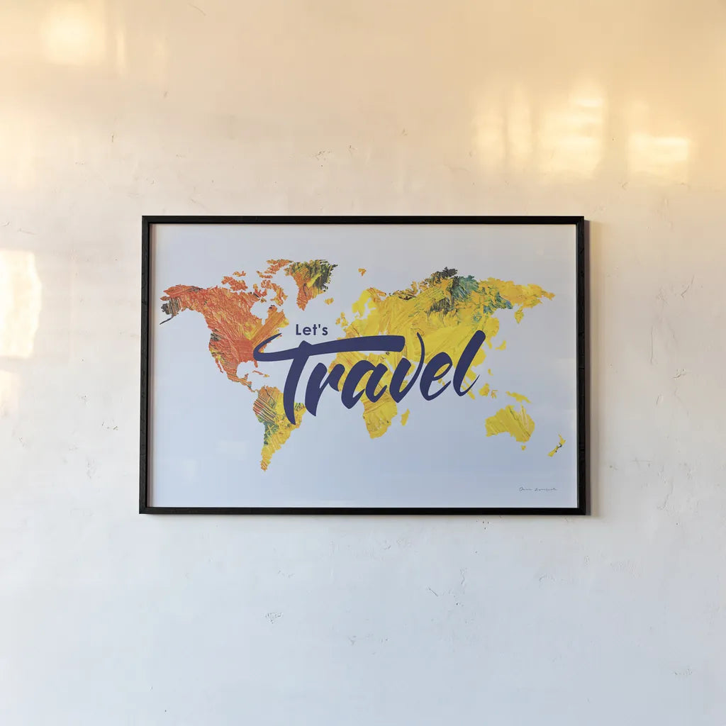 Lets Travel World Map by Omar Escalante. shown as a paper print in a black flame. Available as a archival giclee rolled canvas, fine art paper, or poster print. SKU 70406i.