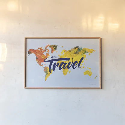Lets Travel World Map by Omar Escalante. shown as a paper print in a natural frame. Available as a archival giclee rolled canvas, fine art paper, or poster print. SKU 70406i.