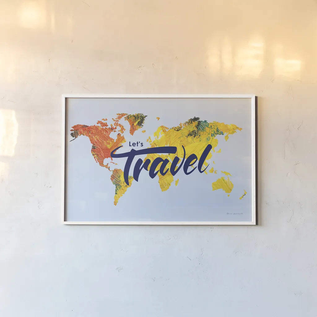 Lets Travel World Map by Omar Escalante. shown as a paper print in a white frame. Available as a archival giclee rolled canvas, fine art paper, or poster print. SKU 70406i.