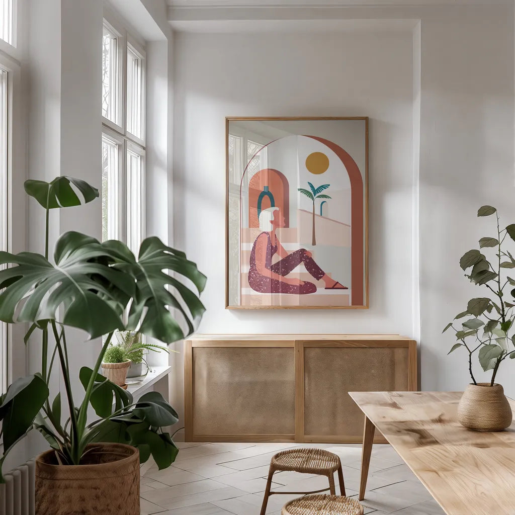Luxe Traveler I by Omar Escalante. shown as a print in a natural wood frame in a dining room. Available as a archival giclee rolled canvas, fine art paper, or poster print. SKU 82557h.