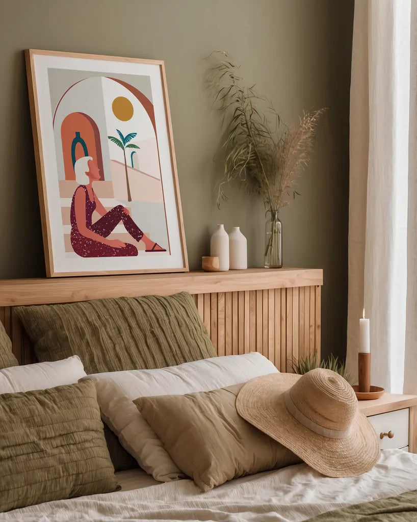 Luxe Traveler I by Omar Escalante. shown as a paper print in a natural frame. Available as a archival giclee rolled canvas, fine art paper, or poster print. SKU 82557h.