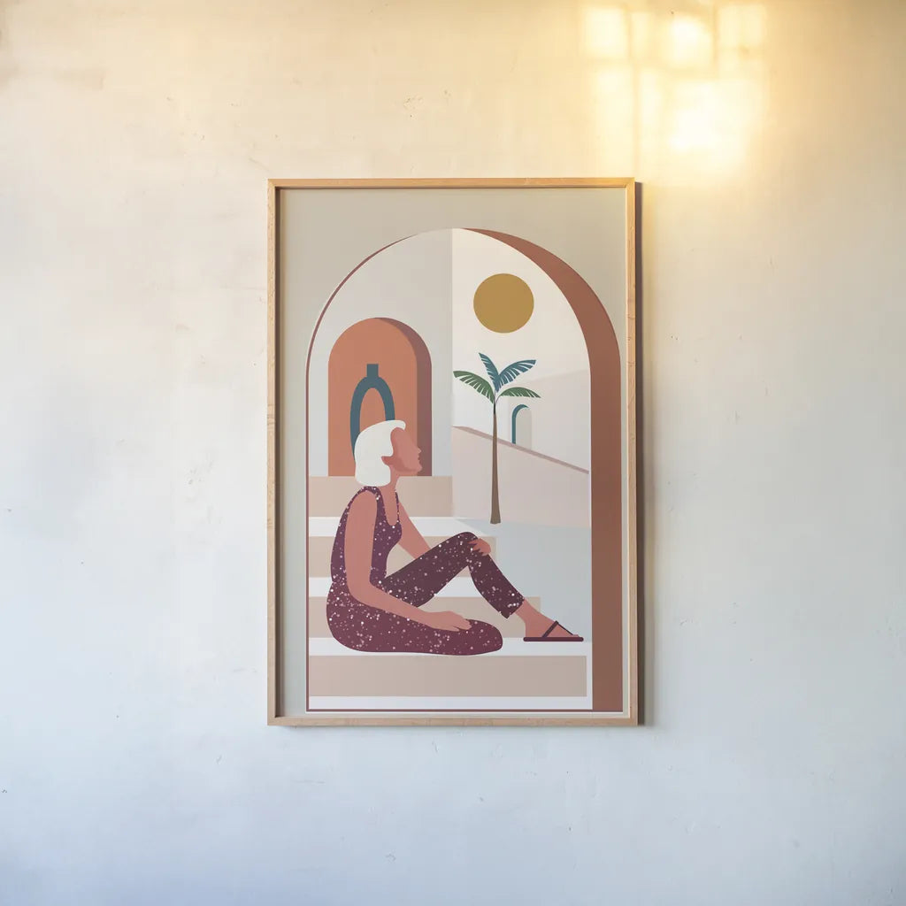 Luxe Traveler I by Omar Escalante. shown as a paper print in a natural frame. Available as a archival giclee rolled canvas, fine art paper, or poster print. SKU 82557h.