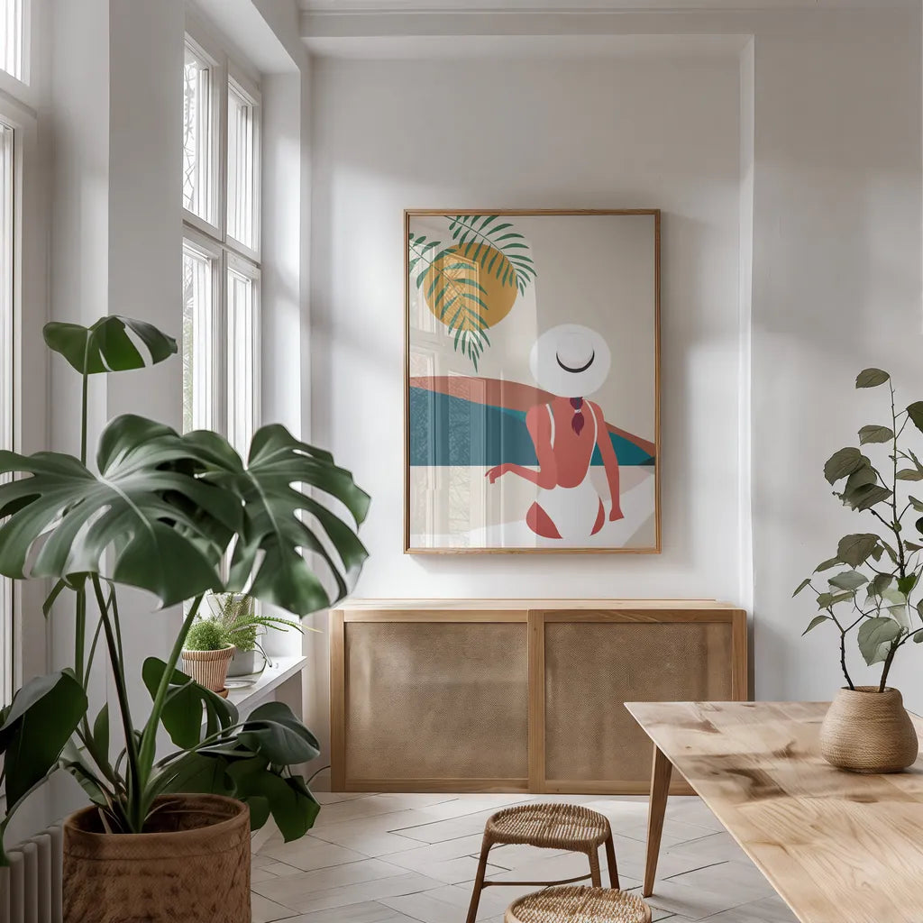 Luxe Traveler II by Omar Escalante. shown as a print in a natural wood frame in a dining room. Available as a archival giclee rolled canvas, fine art paper, or poster print. SKU 82558h.