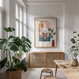 Luxe Traveler III by Omar Escalante. shown as a print in a natural wood frame in a dining room. Available as a archival giclee rolled canvas, fine art paper, or poster print. SKU 82559h.