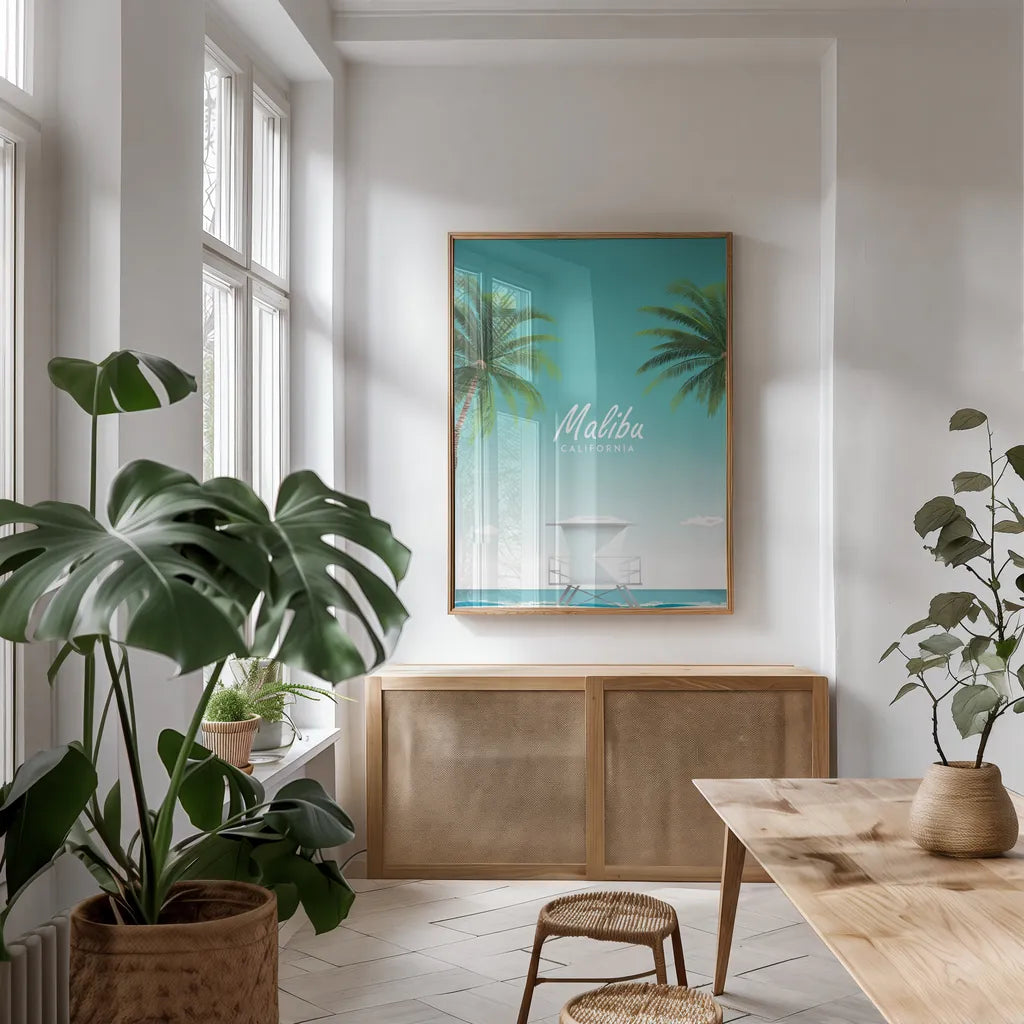Malibu by Omar Escalante. shown as a print in a natural wood frame in a dining room. Available as a archival giclee rolled canvas, fine art paper, or poster print. SKU 62037h.