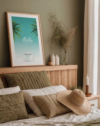 Malibu by Omar Escalante. shown as a paper print in a natural frame. Available as a archival giclee rolled canvas, fine art paper, or poster print. SKU 62037h.