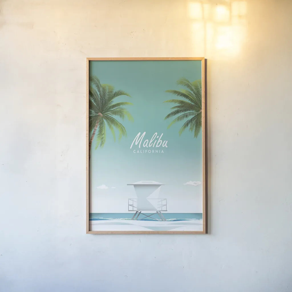 Malibu by Omar Escalante. shown as a paper print in a natural frame. Available as a archival giclee rolled canvas, fine art paper, or poster print. SKU 62037h.