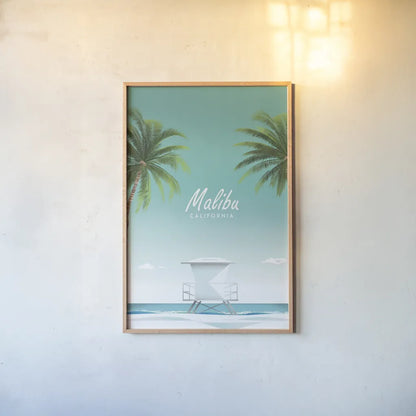 Malibu by Omar Escalante. shown as a paper print in a natural frame. Available as a archival giclee rolled canvas, fine art paper, or poster print. SKU 62037h.
