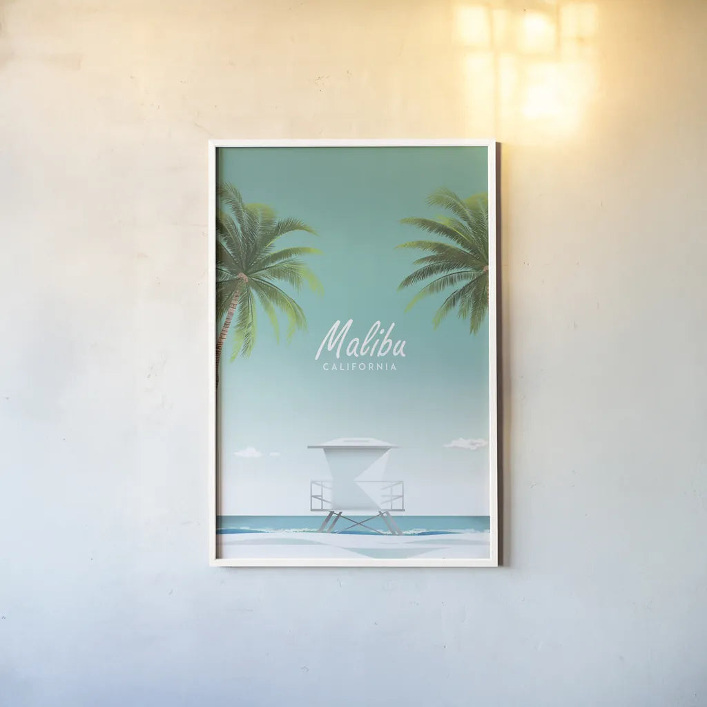 Malibu by Omar Escalante. shown as a paper print in a white frame. Available as a archival giclee rolled canvas, fine art paper, or poster print. SKU 62037h.