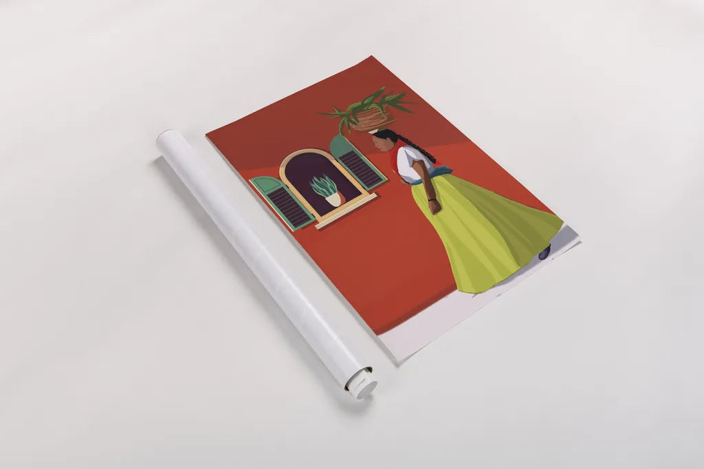 Market Day Woman by Omar Escalante. shown as a rolled paper print. Available as archival giclee rolled canvas, fine art paper, or poster print. SKU 71686h.