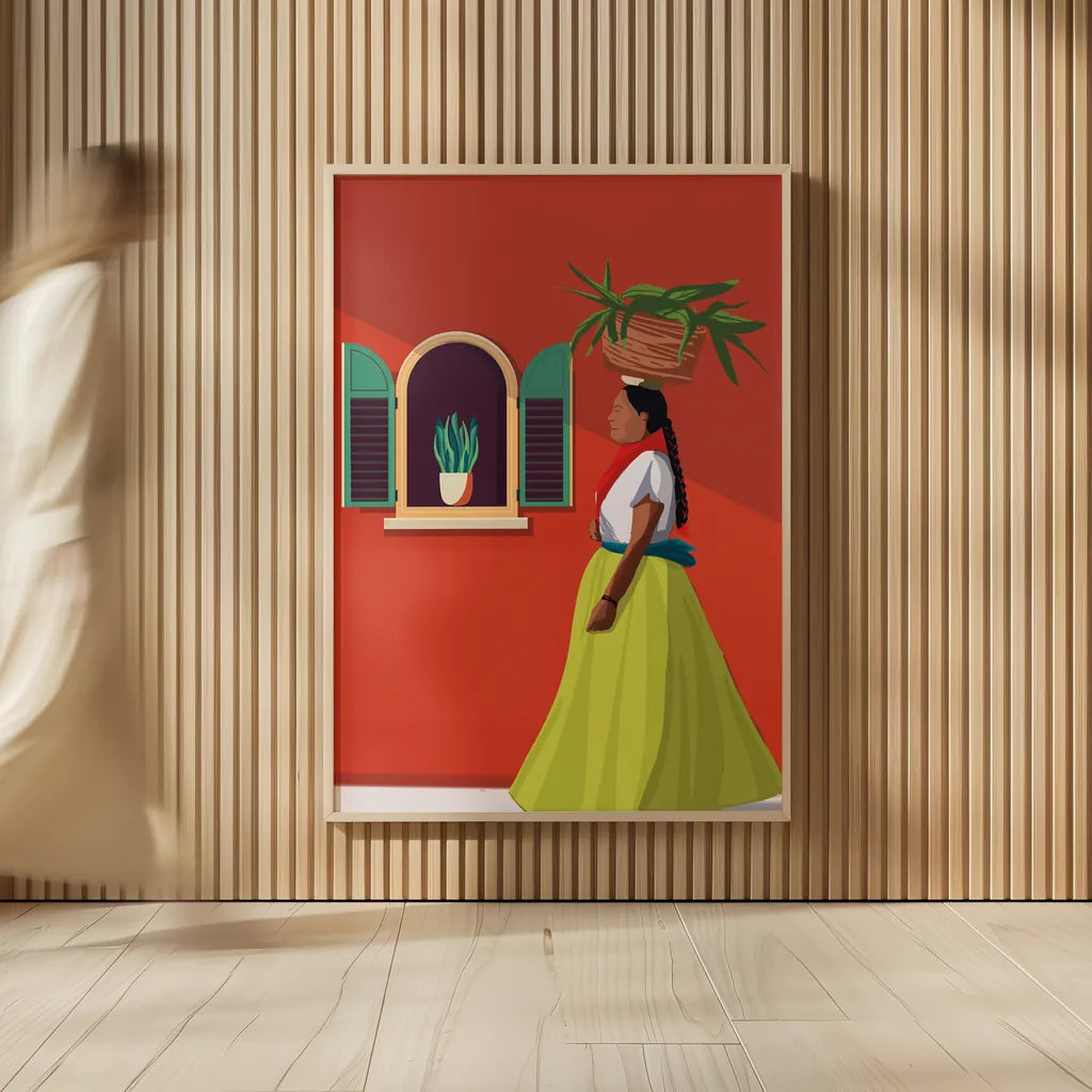 Market Day Woman by Omar Escalante. shown as over sized large wall art. Available as an archival giclee rolled canvas, fine art paper, or poster print. SKU 71686h.