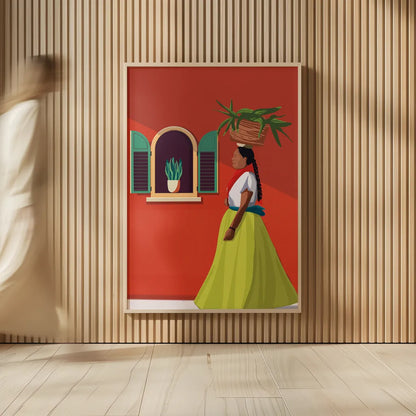 Market Day Woman by Omar Escalante. shown as over sized large wall art. Available as an archival giclee rolled canvas, fine art paper, or poster print. SKU 71686h.