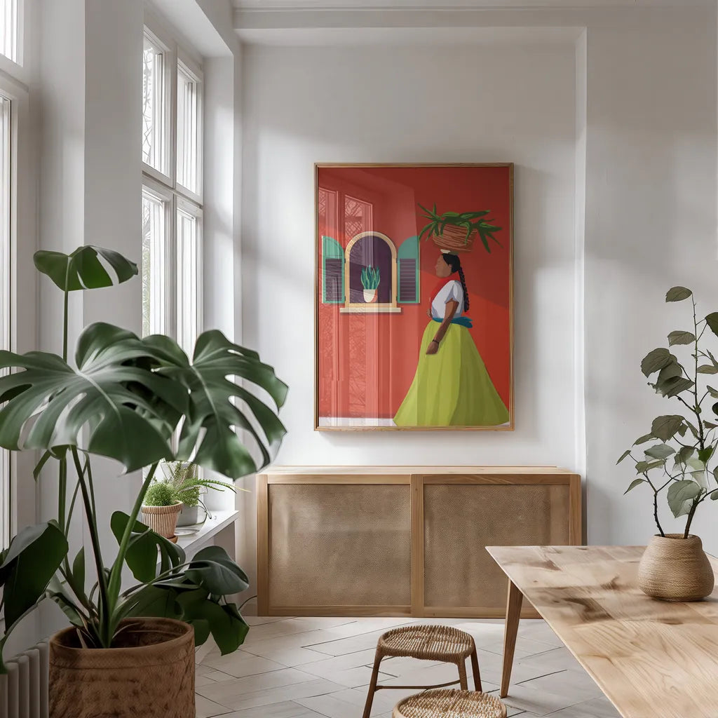 Market Day Woman by Omar Escalante. shown as a print in a natural wood frame in a dining room. Available as a archival giclee rolled canvas, fine art paper, or poster print. SKU 71686h.