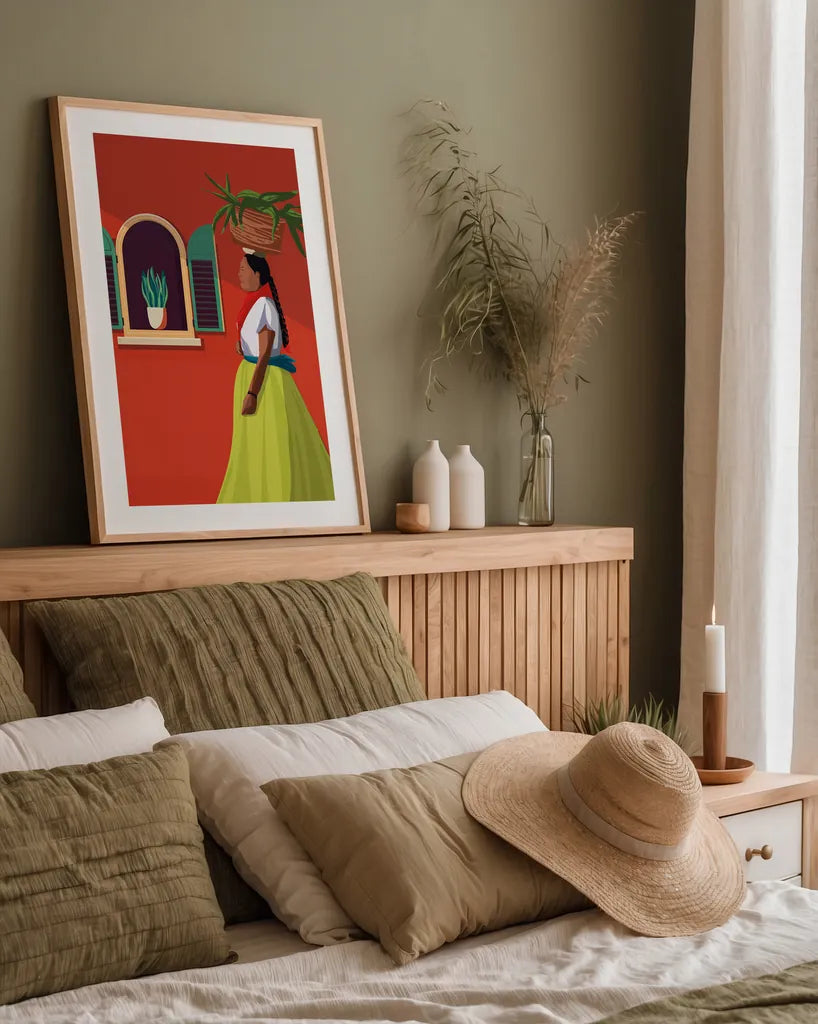 Market Day Woman by Omar Escalante. shown as a paper print in a natural frame. Available as a archival giclee rolled canvas, fine art paper, or poster print. SKU 71686h.