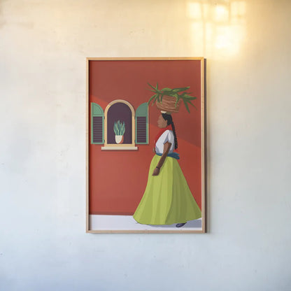 Market Day Woman by Omar Escalante. shown as a paper print in a natural frame. Available as a archival giclee rolled canvas, fine art paper, or poster print. SKU 71686h.