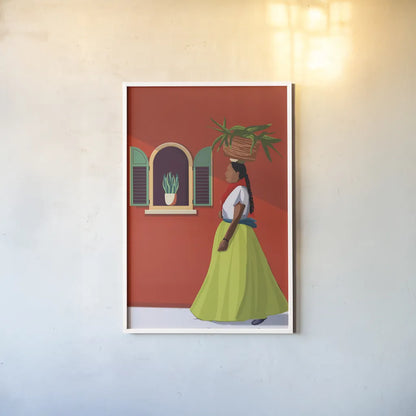 Market Day Woman by Omar Escalante. shown as a paper print in a white frame. Available as a archival giclee rolled canvas, fine art paper, or poster print. SKU 71686h.