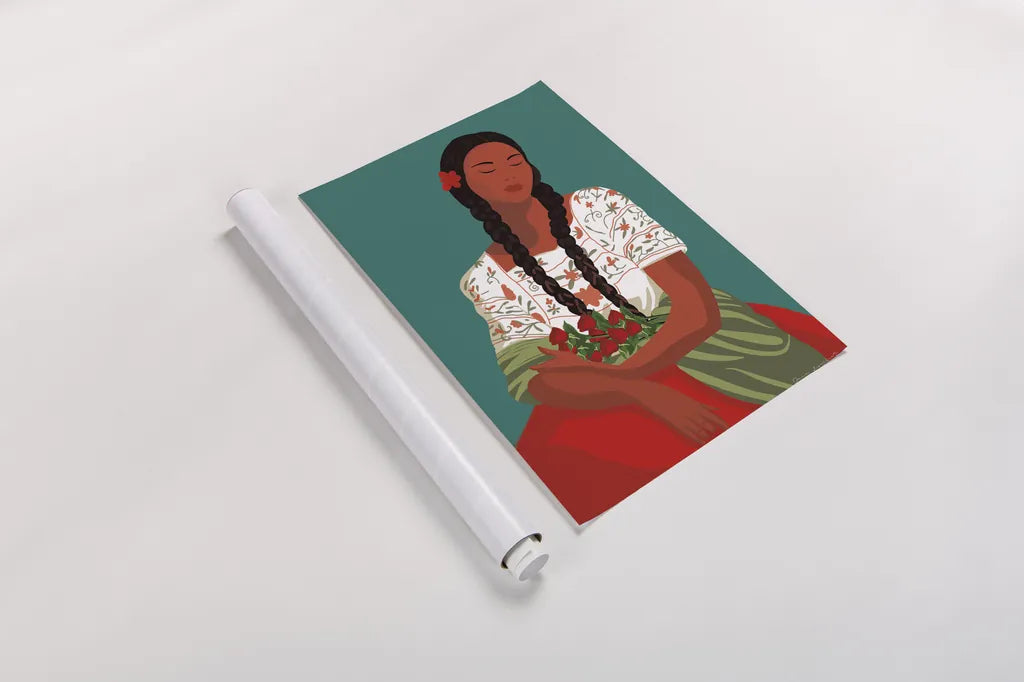 Mexican Woman I by Omar Escalante. shown as a rolled paper print. Available as archival giclee rolled canvas, fine art paper, or poster print. SKU 71684h.