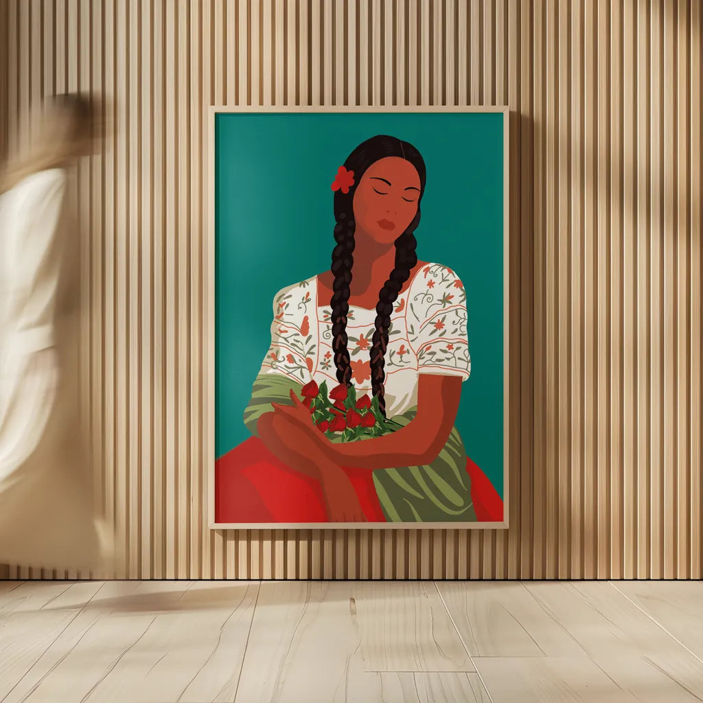 Mexican Woman I by Omar Escalante. shown as over sized large wall art. Available as an archival giclee rolled canvas, fine art paper, or poster print. SKU 71684h.