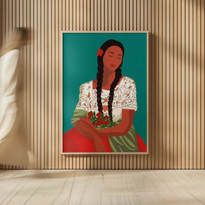 Mexican Woman I by Omar Escalante. shown as over sized large wall art. Available as an archival giclee rolled canvas, fine art paper, or poster print. SKU 71684h.
