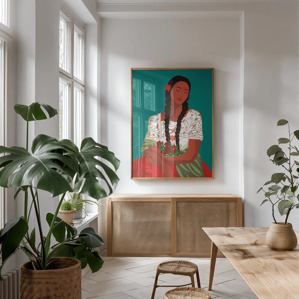 Mexican Woman I by Omar Escalante. shown as a print in a natural wood frame in a dining room. Available as a archival giclee rolled canvas, fine art paper, or poster print. SKU 71684h.