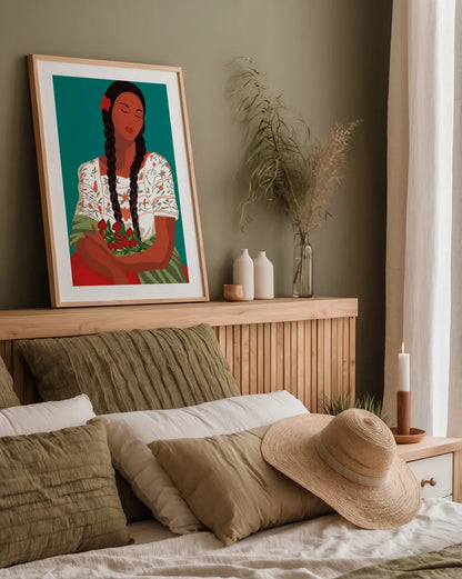Mexican Woman I by Omar Escalante. shown as a paper print in a natural frame. Available as a archival giclee rolled canvas, fine art paper, or poster print. SKU 71684h.