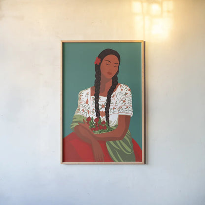 Mexican Woman I by Omar Escalante. shown as a paper print in a natural frame. Available as a archival giclee rolled canvas, fine art paper, or poster print. SKU 71684h.