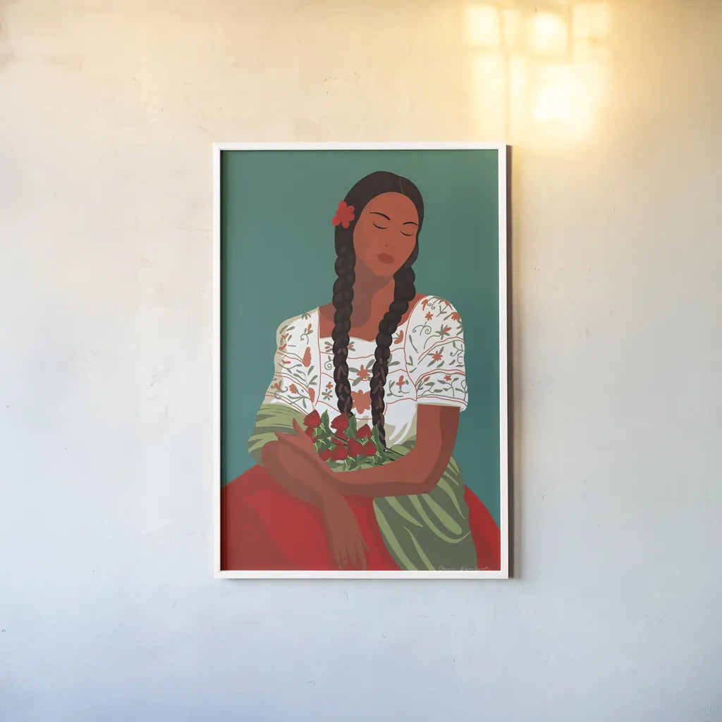 Mexican Woman I by Omar Escalante. shown as a paper print in a white frame. Available as a archival giclee rolled canvas, fine art paper, or poster print. SKU 71684h.