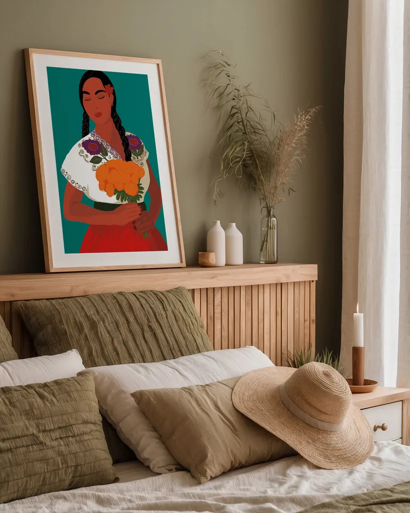 Mexican Woman II by Omar Escalante. shown as a paper print in a natural frame. Available as a archival giclee rolled canvas, fine art paper, or poster print. SKU 71685h.