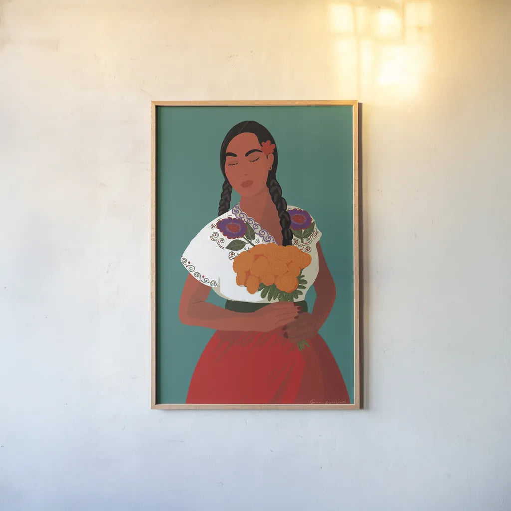 Mexican Woman II by Omar Escalante. shown as a paper print in a natural frame. Available as a archival giclee rolled canvas, fine art paper, or poster print. SKU 71685h.