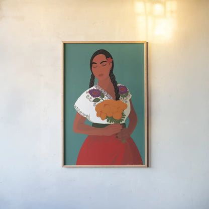 Mexican Woman II by Omar Escalante. shown as a paper print in a natural frame. Available as a archival giclee rolled canvas, fine art paper, or poster print. SKU 71685h.