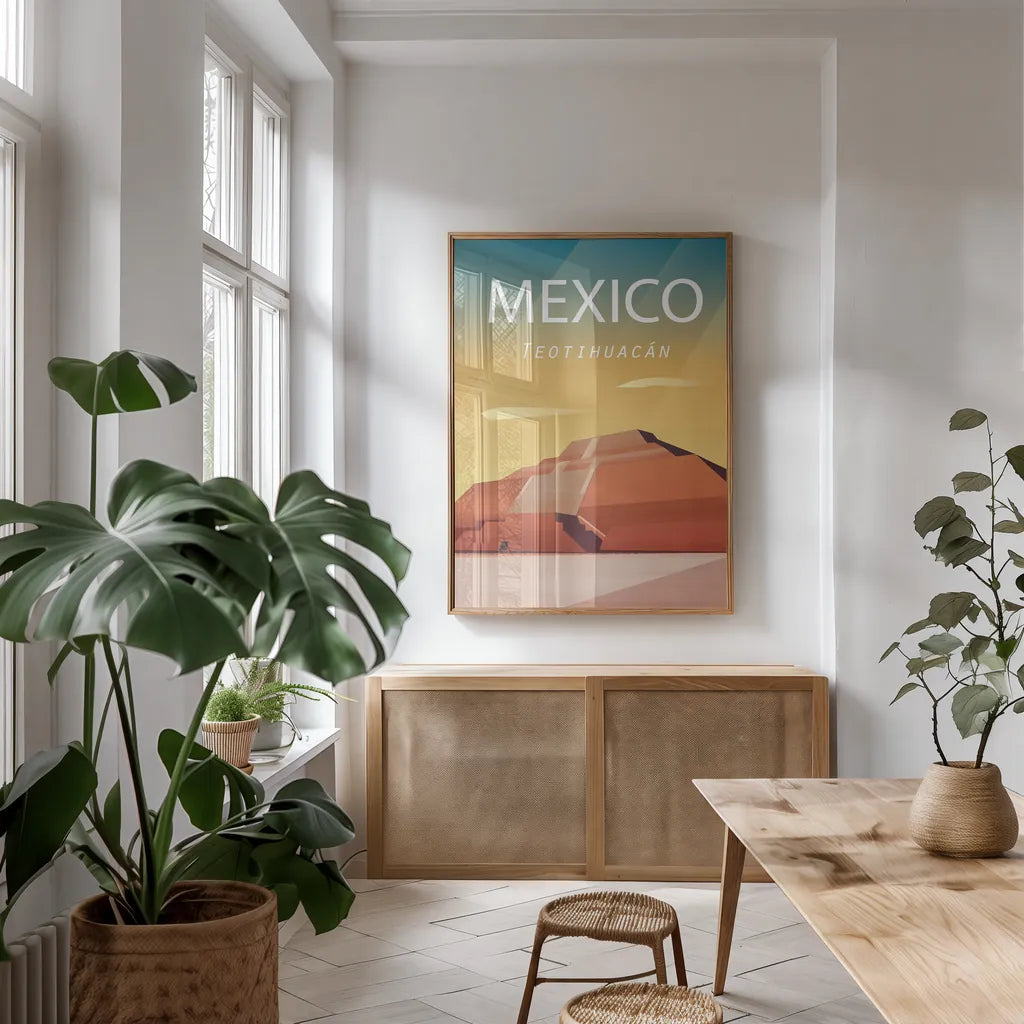 Mexico by Omar Escalante. shown as a print in a natural wood frame in a dining room. Available as a archival giclee rolled canvas, fine art paper, or poster print. SKU 66865h.