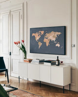 Mindfully Marbled Map by Omar Escalante. shown as a framed stretched canvas in a living room above a console. Available as a archival giclee rolled canvas, fine art paper, or poster print. SKU 83302i.