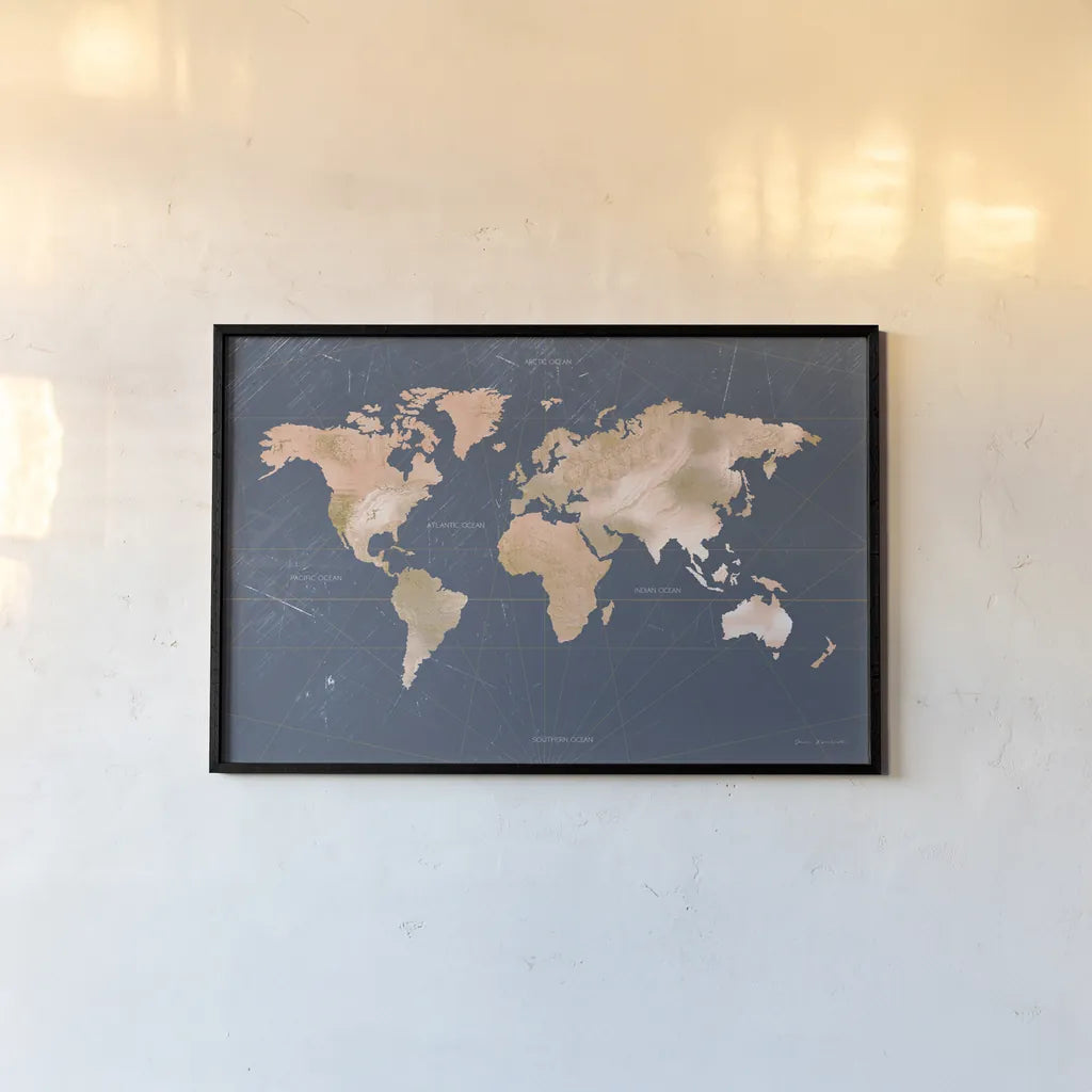 Mindfully Marbled Map by Omar Escalante. shown as a paper print in a black flame. Available as a archival giclee rolled canvas, fine art paper, or poster print. SKU 83302i.