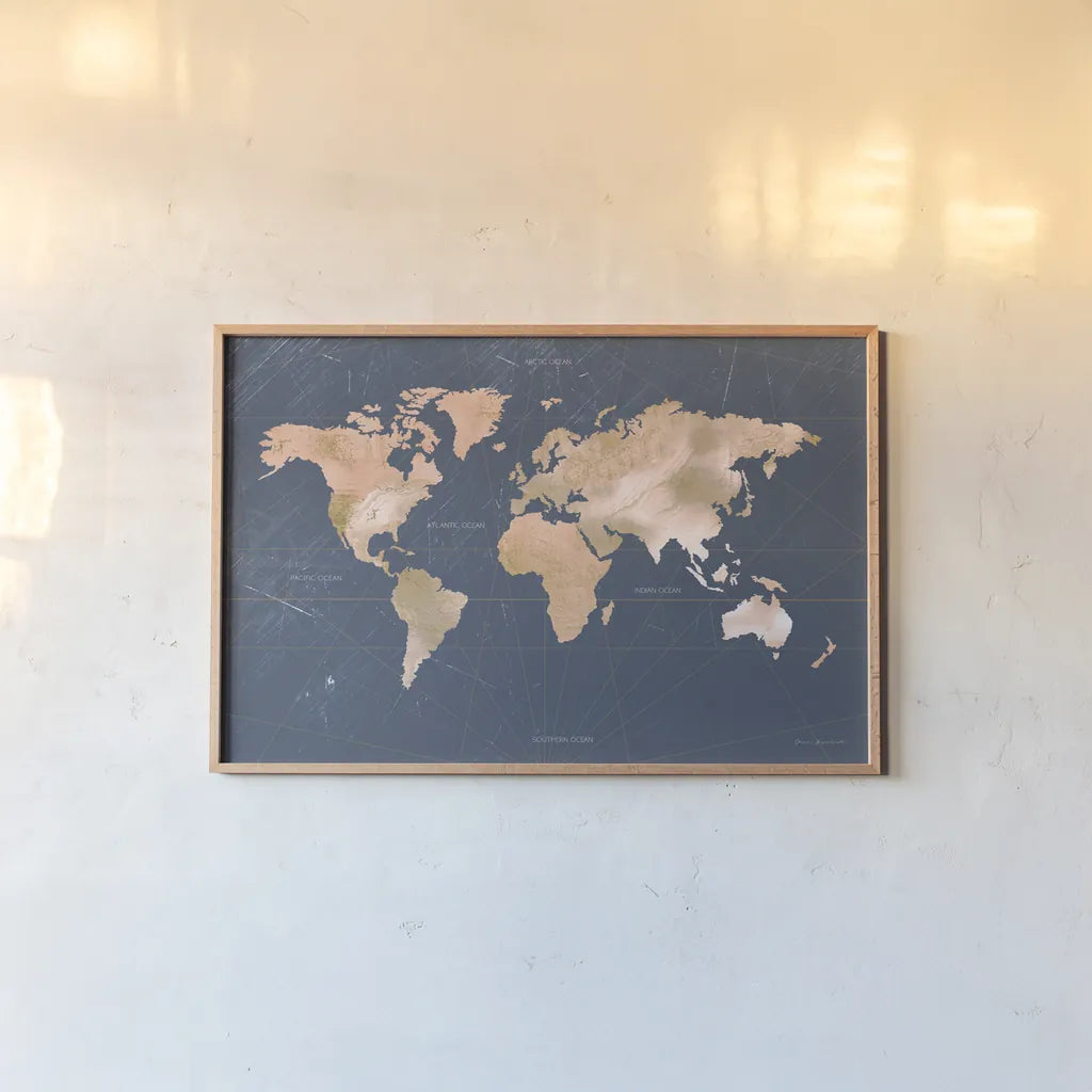 Mindfully Marbled Map by Omar Escalante. shown as a paper print in a natural frame. Available as a archival giclee rolled canvas, fine art paper, or poster print. SKU 83302i.