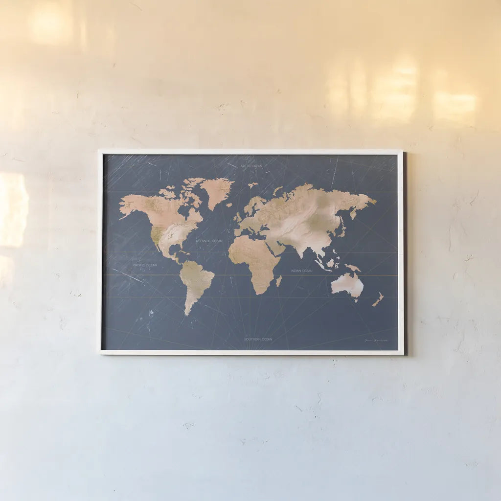 Mindfully Marbled Map by Omar Escalante. shown as a paper print in a white frame. Available as a archival giclee rolled canvas, fine art paper, or poster print. SKU 83302i.