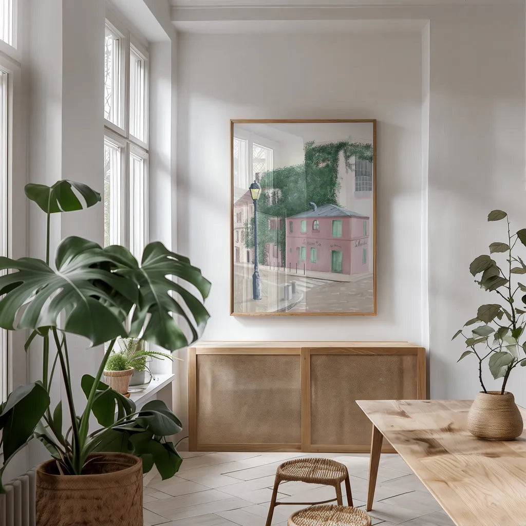 Montmartre Paris by Omar Escalante. shown as a print in a natural wood frame in a dining room. Available as a archival giclee rolled canvas, fine art paper, or poster print. SKU 71212h.