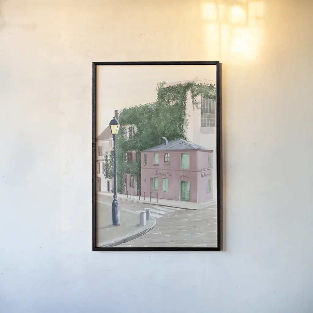 Montmartre Paris by Omar Escalante. shown as a paper print in a black flame. Available as a archival giclee rolled canvas, fine art paper, or poster print. SKU 71212h.