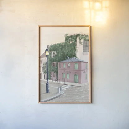 Montmartre Paris by Omar Escalante. shown as a paper print in a natural frame. Available as a archival giclee rolled canvas, fine art paper, or poster print. SKU 71212h.