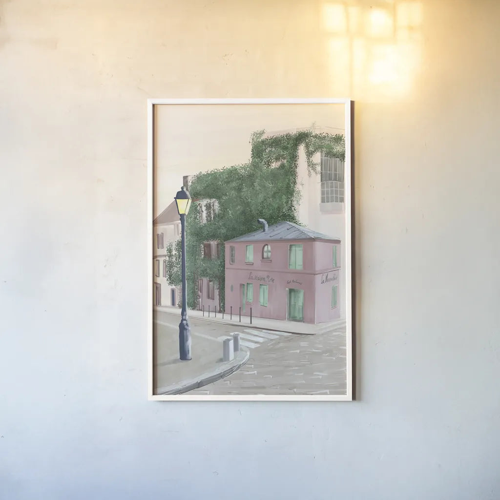 Montmartre Paris by Omar Escalante. shown as a paper print in a white frame. Available as a archival giclee rolled canvas, fine art paper, or poster print. SKU 71212h.